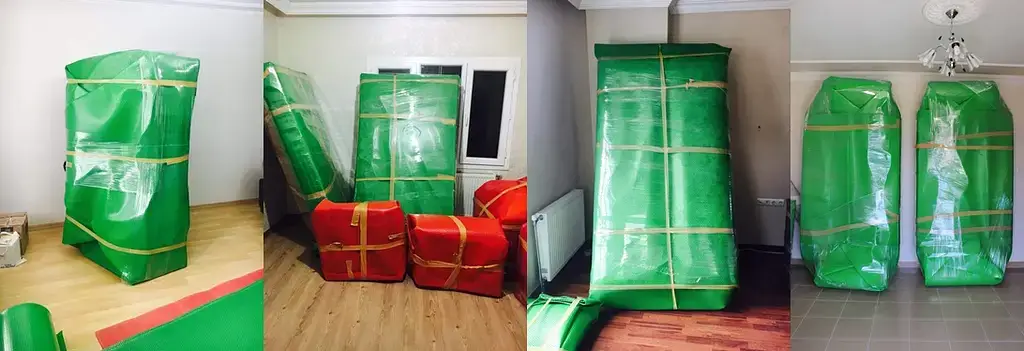 Koruyucu ambalaj ve bantlarla hazırlanmış mobilya parçaları